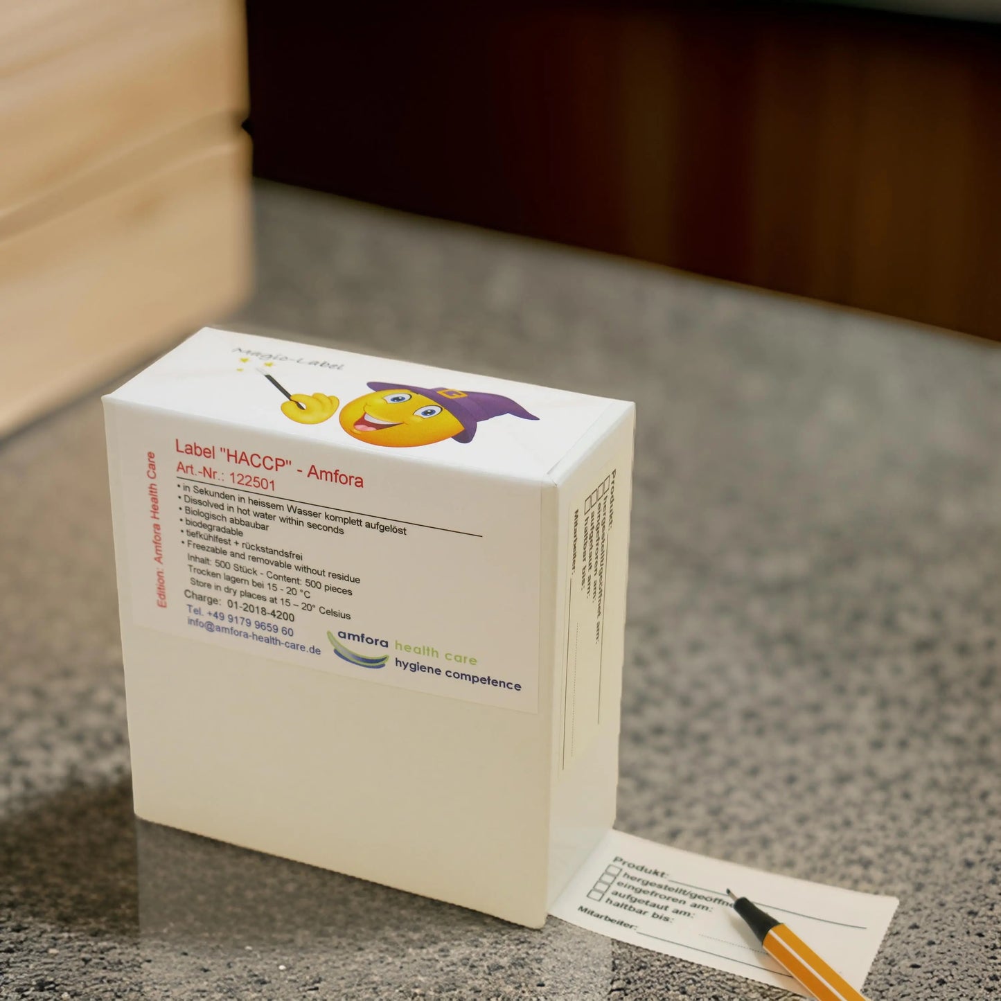 Wasser-auflösbares Etikett „HACCP“ amfora health care GmbH